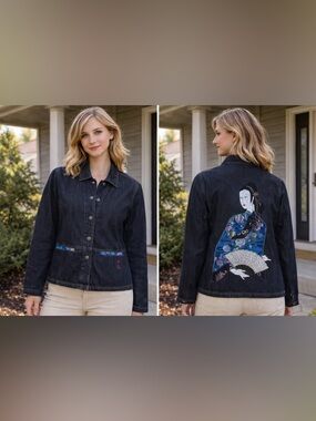 Look East Pale Aqua Blue Suede with Painted Geisha on Back Womens Jacket Small